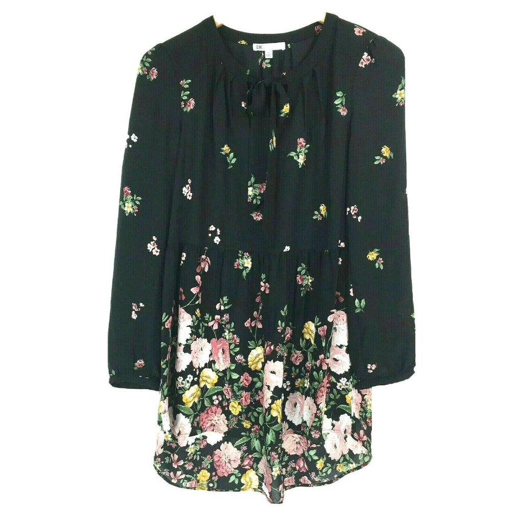 DR2 Daniel Rainn XS Blouse Black Pink Floral Sheer Babydoll High Low Pussy Bow